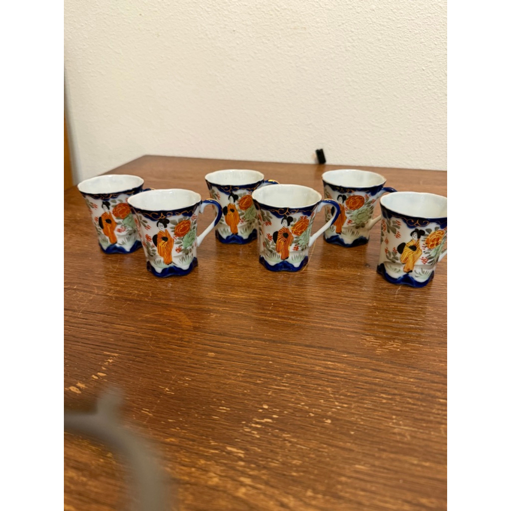 Antique Nippon Hand Painted Geisha Demitasse Cups Set of 6 Cobalt Gold Moriage